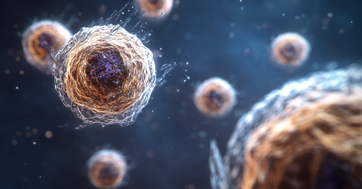 Aging cells shown under a microscope with visible mitochondrial structures
