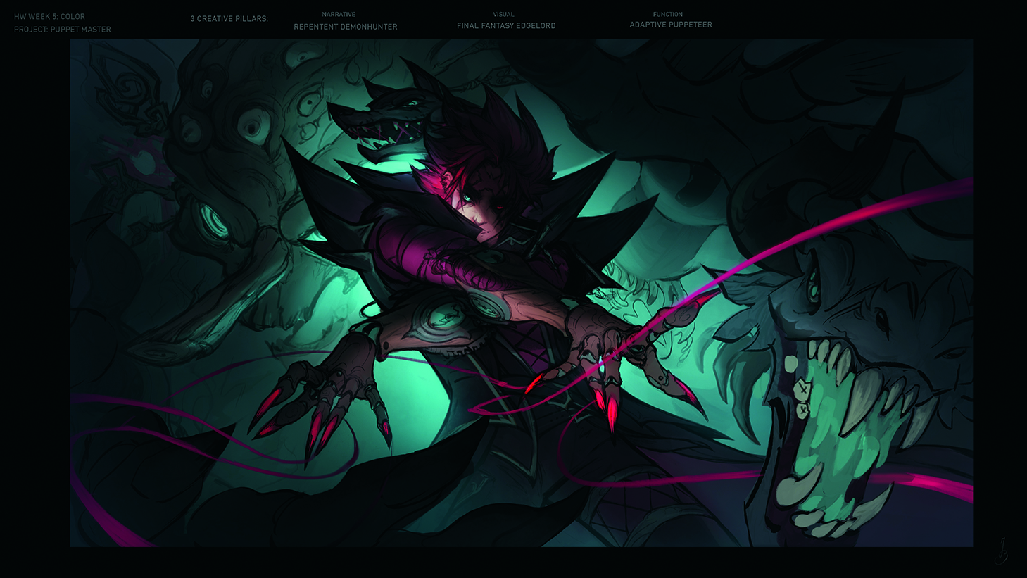 Character art that uses shadows to lead the viewer's eye to the character's face