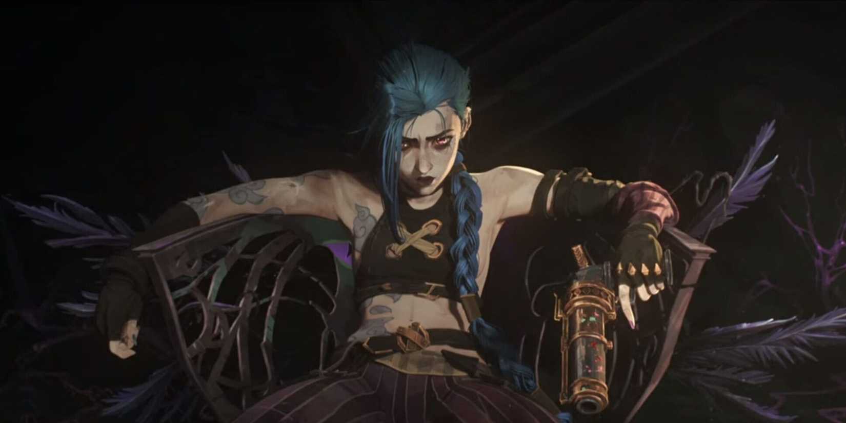 Jinx (Ella Purnell) is sitting on a chair holding two guns in Arcane Season 1.