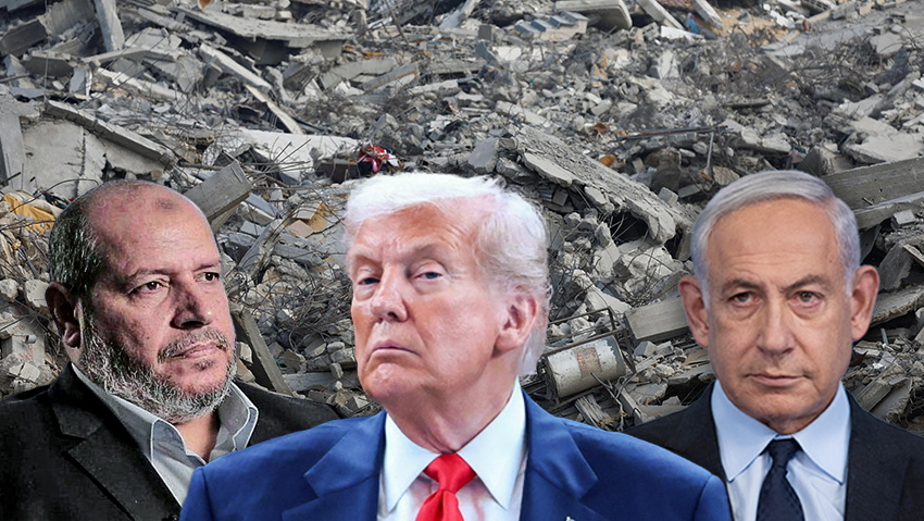 The major players: Khalil Al Hayya, Donald Trump and Benjamin Netanyahu (Photos: Evelyn Hockstein/Reuters, Jehad Alshrafi/AP, Alex Kolomoisky, Mahmoud Issa/Reuters) דונלד טראמפ בנימין נתניהו חליל אל חיה