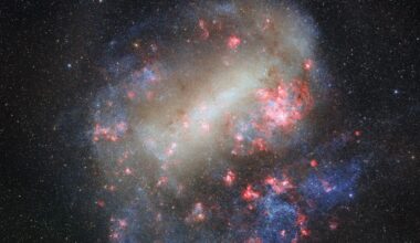 Swirls of white, purple and pink colors flow among bright dots for stars in the Large Magellanic Cloud as seen in space