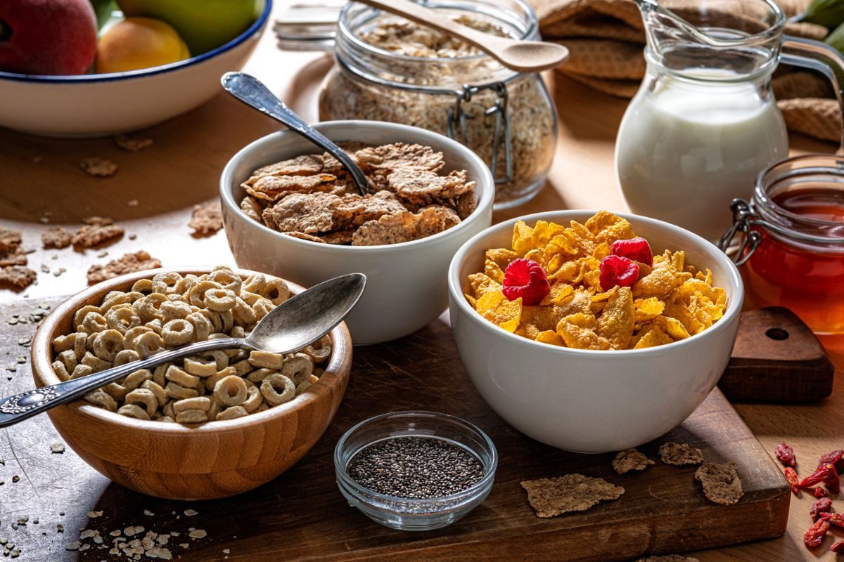 A selection of breakfast cereals on a messy table with milk