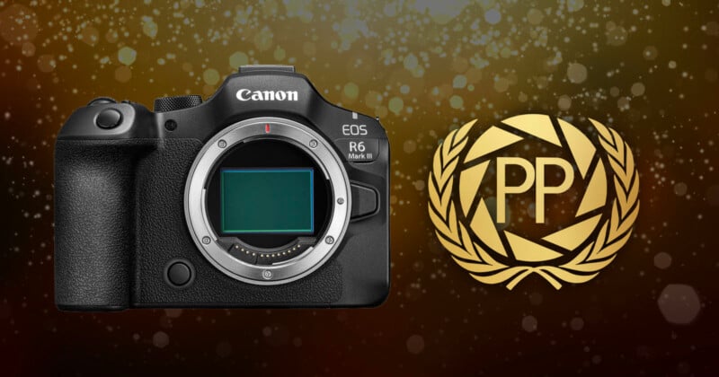 A Canon EOS R6 Mark II camera is shown on the left, with a gold laurel wreath and the letters "PP" inside it on the right, against a glittery brown background.