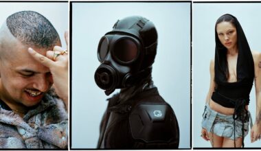 A triptych showing: a smiling person with a shaved head and rings, a person wearing a black gas mask and outfit, and a person in a black hooded top and denim shorts with tattoos on their arm.