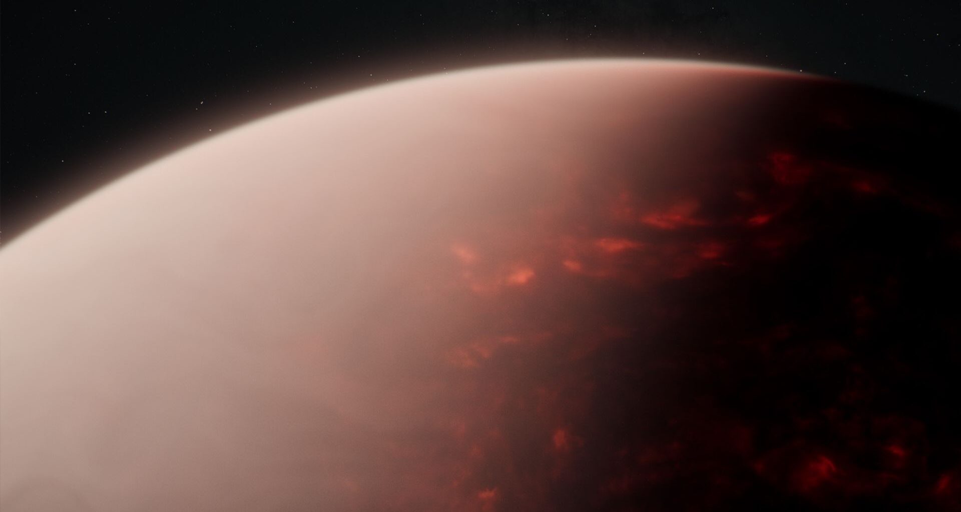half of a reddish lava planet illustration with a dark space horizon