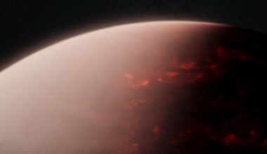 half of a reddish lava planet illustration with a dark space horizon