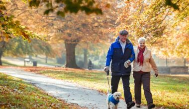 Senior couple are walking their dog through a public park in Autumn.
