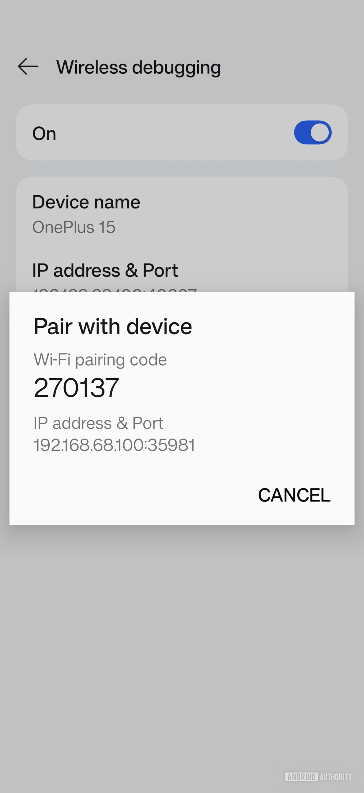Enabling wireless debugging using a pairing code