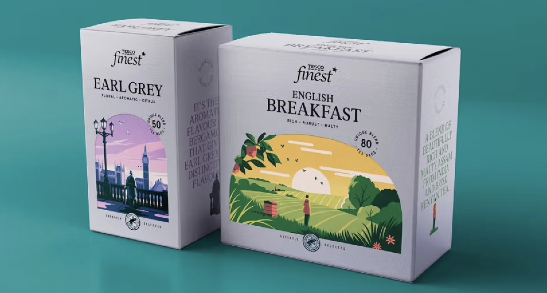 Two boxes of Tesco Finest tea are displayed: the box on the left is for Earl Grey (Floral, Aromatic, Citrus) with 50 tea bags and features an illustration of a cityscape at dusk; the box on the right is for English Breakfast (Rich, Robust, Malty) with 80 tea bags and features an illustration of a sunrise over a rolling landscape.