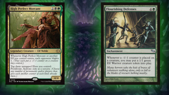 The MTG cards Flourishing Defenses and High Perfect Morcant. The former recently underwent a massive price spike thanks to the latter.