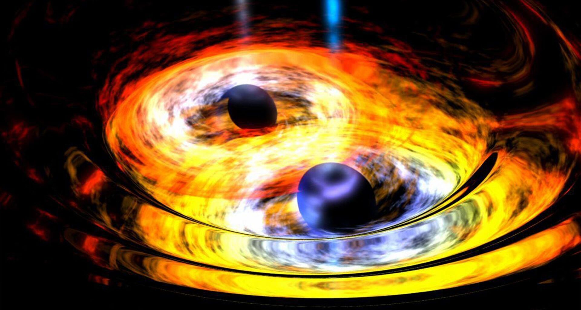 two giant black orbs surrounded by two rings of yellow and white swirling gas clouds