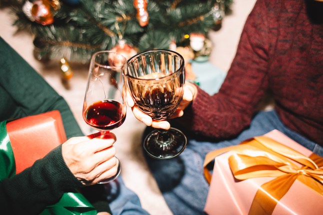 Senior mother and adult son toasting while sitting by Christmas tree at home