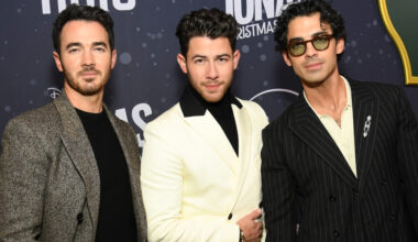 Kevin Jonas, Nick Jonas and Joe Jonas at Disney+'s "A Very Jonas Christmas Movie" World Premiere held at New York City Center on November 10, 2025 in New York, New York. (Photo by Kristina Bumphrey/Variety via Getty Images)