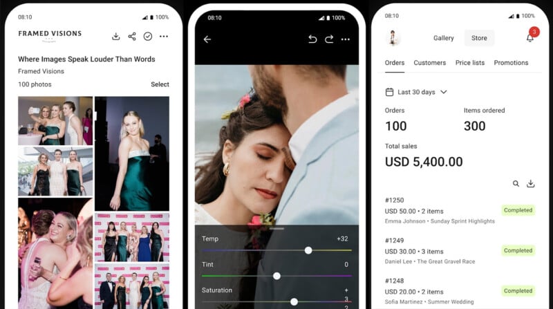 Three smartphone screens: left shows a photo gallery app with event photos; center displays a photo editor with a close-up of a couple and image adjustment sliders; right shows an order management app with sales stats and order details.