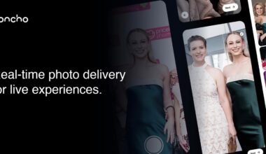 A promotional image for Honcho shows a tagline, "Real-time photo delivery for live experiences," alongside photos of two women dressed formally, appearing on smartphone screens.