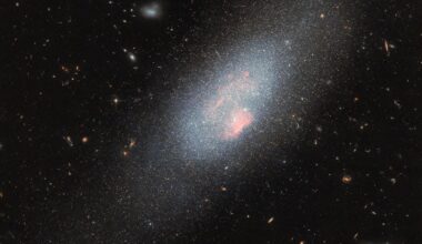 A pale blue dwarf galaxy on the black backdrop of space with some faraway galaxies. The galaxy itself resembles a fuzzy cloud of tightly packed stars, with a broad halo of stars dispersed around it. Spread across the galaxy’s core are several small, glowing patches of gas where there is a concentration of very hot stars.
