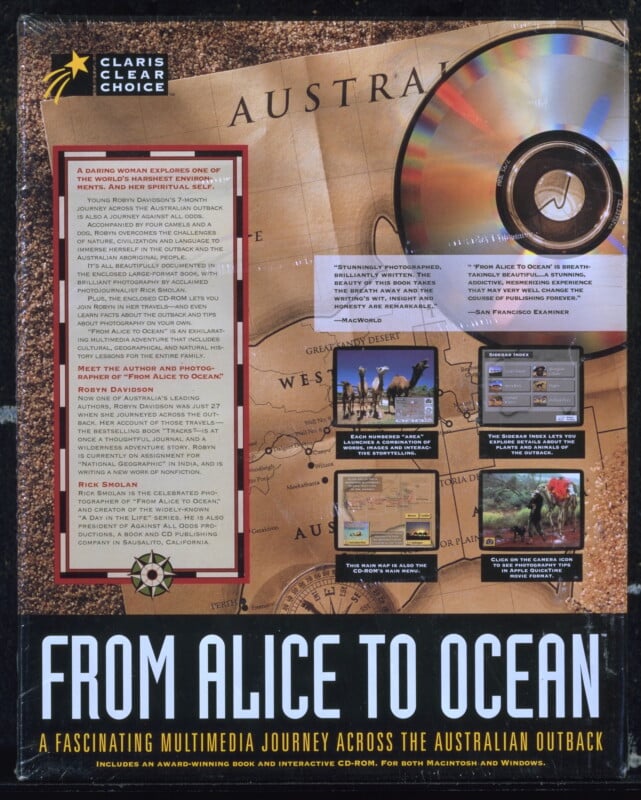 Promotional poster for "From Alice to Ocean," featuring a map of Australia, a CD-ROM, small photos of desert scenes, and text describing a multimedia journey across the Australian outback.