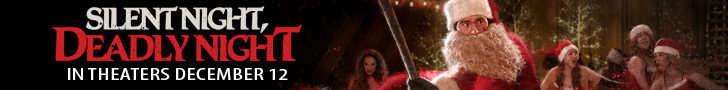 The Silent Night, Deadly Night Banner ad shows a man dressed as Santa wielding an axe and a release date of December 12, 2025.