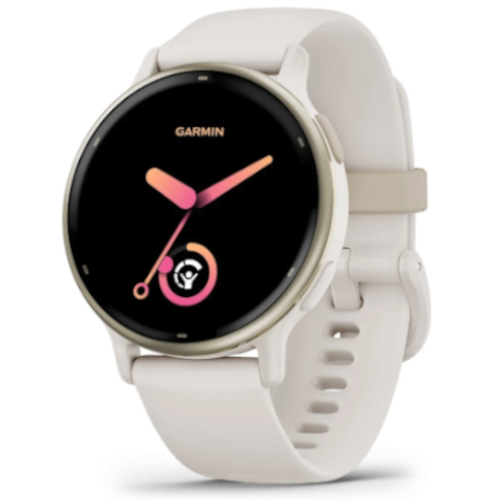 Render of the Cream Gold Aluminum Garmin Vivoactive 5 with Ivory Case and Silicone Band