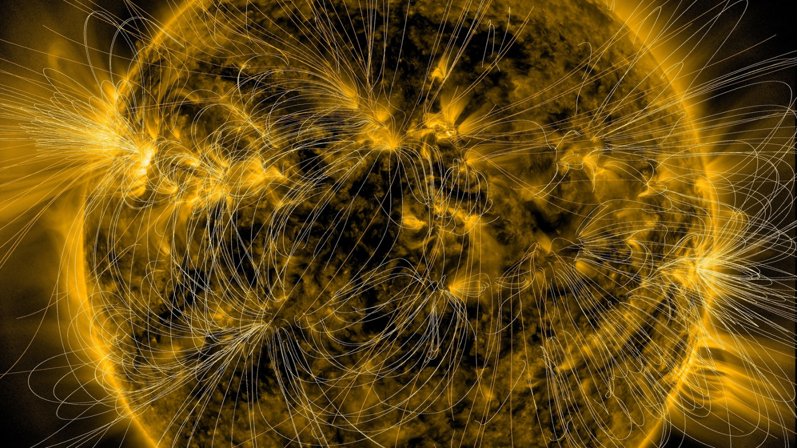 This illustration lays a depiction of the sun's magnetic fields over an image captured by NASA&rsquo;s Solar Dynamics Observatory on March 12, 2016.