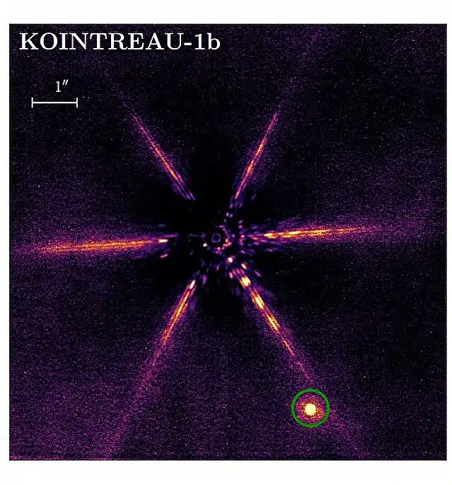 Kointreau 1b Appears As The Bright Dot In The Green Circle (lower Right), Emerging After The Host Star’s Glare Is Reduced.