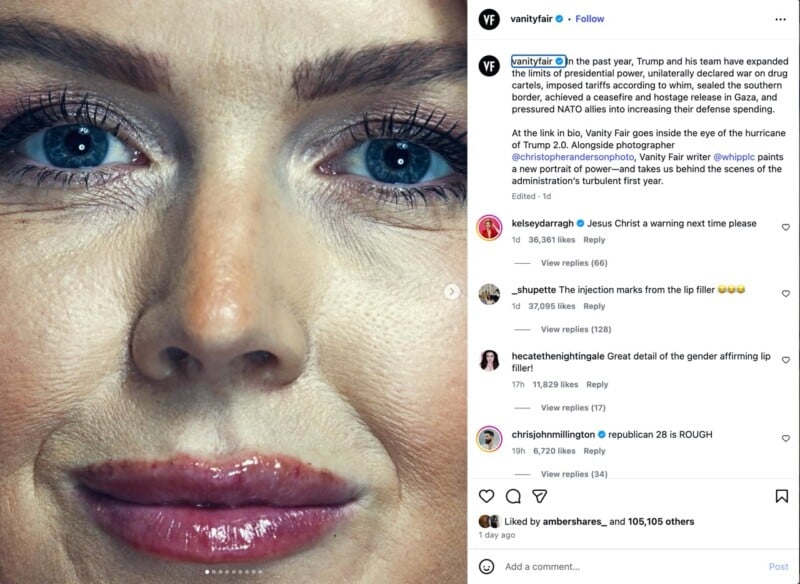 Close-up of a woman's face with blue eyes, pink lips, and visible pores and lines; her expression is neutral against a plain background. Social media interface elements and comments appear around the photo.