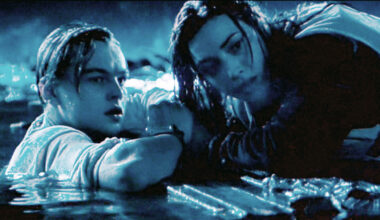 Leonardo DiCaprio as Jack and Kate Winslet as Rose after the Titanic has sunk.