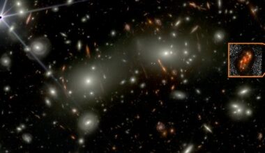 Image of the newly discovered spiral galaxy Alaknanda (inset) as observed in the shorter wavelength JWST bands. Several bright galaxies from the foreground Abell 2744 cluster are also seen. Credit © NASA/ESA/CSA, I. Labbe/R. Bezanson/Alyssa Pagan (STScI), Rashi Jain/Yogesh Wadadekar (NCRA-TIFR)