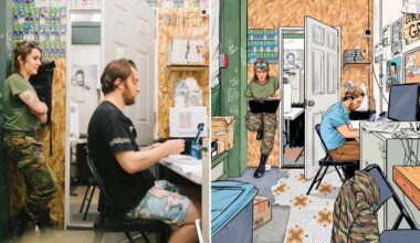 A split image shows a man working at a desk while a woman stands nearby; the left side is a photo, and the right side is a detailed, colorful illustration of the same scene in a small, cluttered room.