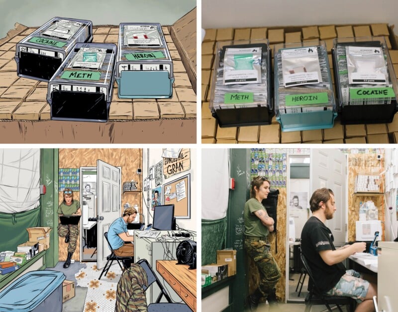 Four panels show drug testing kits labeled "Meth," "Heroin," and "Cocaine" on tables, and two scenes with people in military fatigues working in rooms with computers and drug testing equipment.