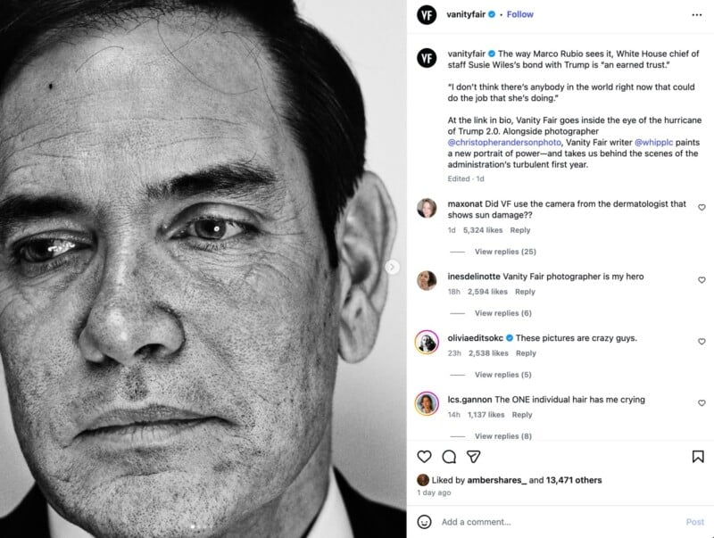 Black-and-white close-up of a man with short hair and a somber expression. The image appears to be an editorial photo, with Instagram text overlay and comments visible on the right side.