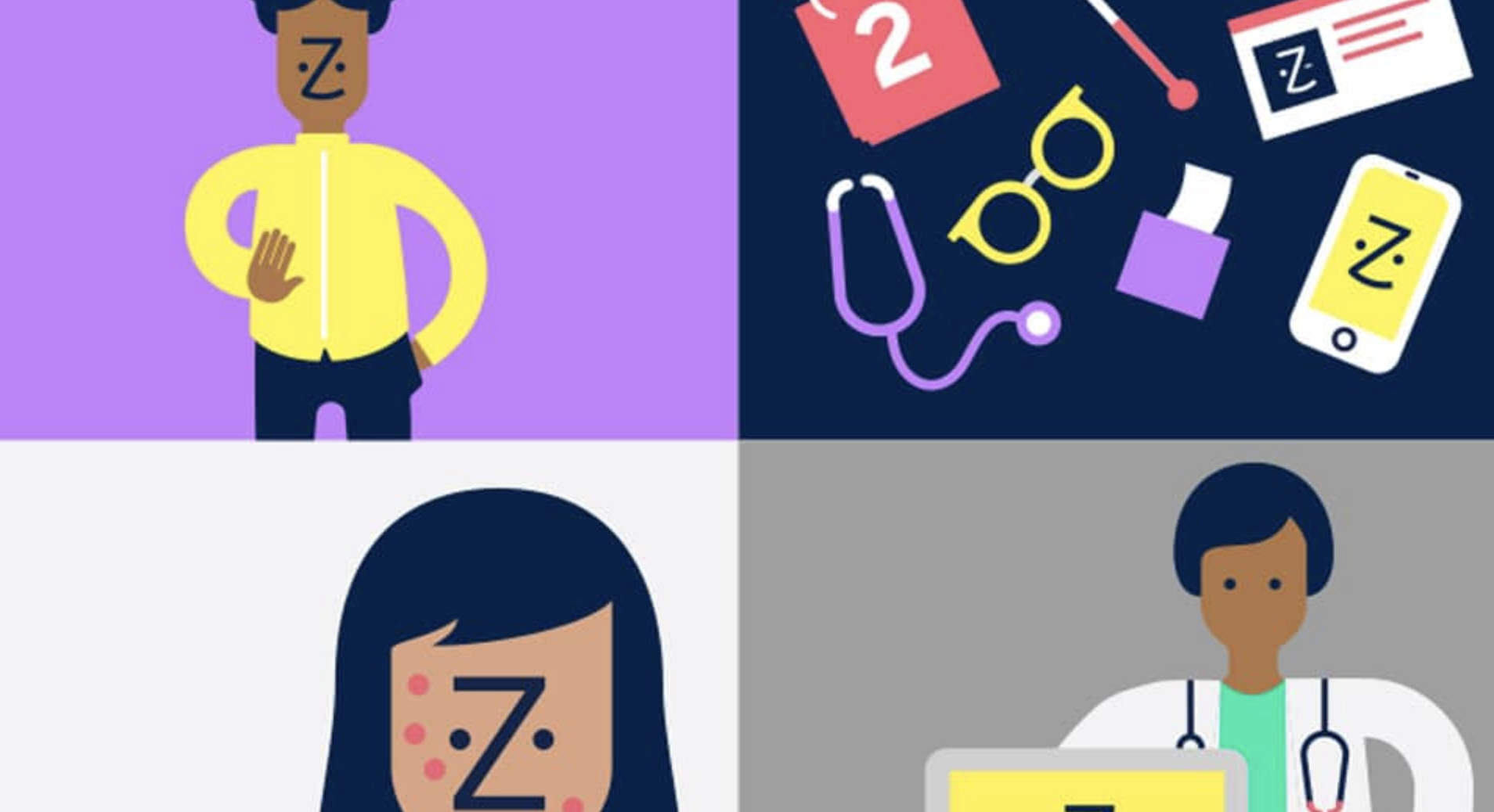 A four-panel graphic features illustrations related to healthcare, with the Zocdoc logo ("Z") subtly integrated into each panel: