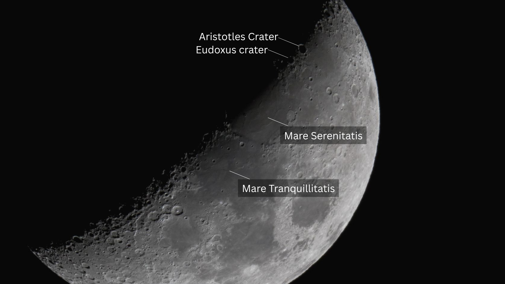 Picture of the moon with its right half lit against a black sky, with labels showing the positions of lunar seas and prominent craters.