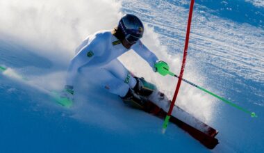 Moncler Grenoble brand ambassador Lucas Pinheiro Braathen wearing the official Winter Olympics race suit.