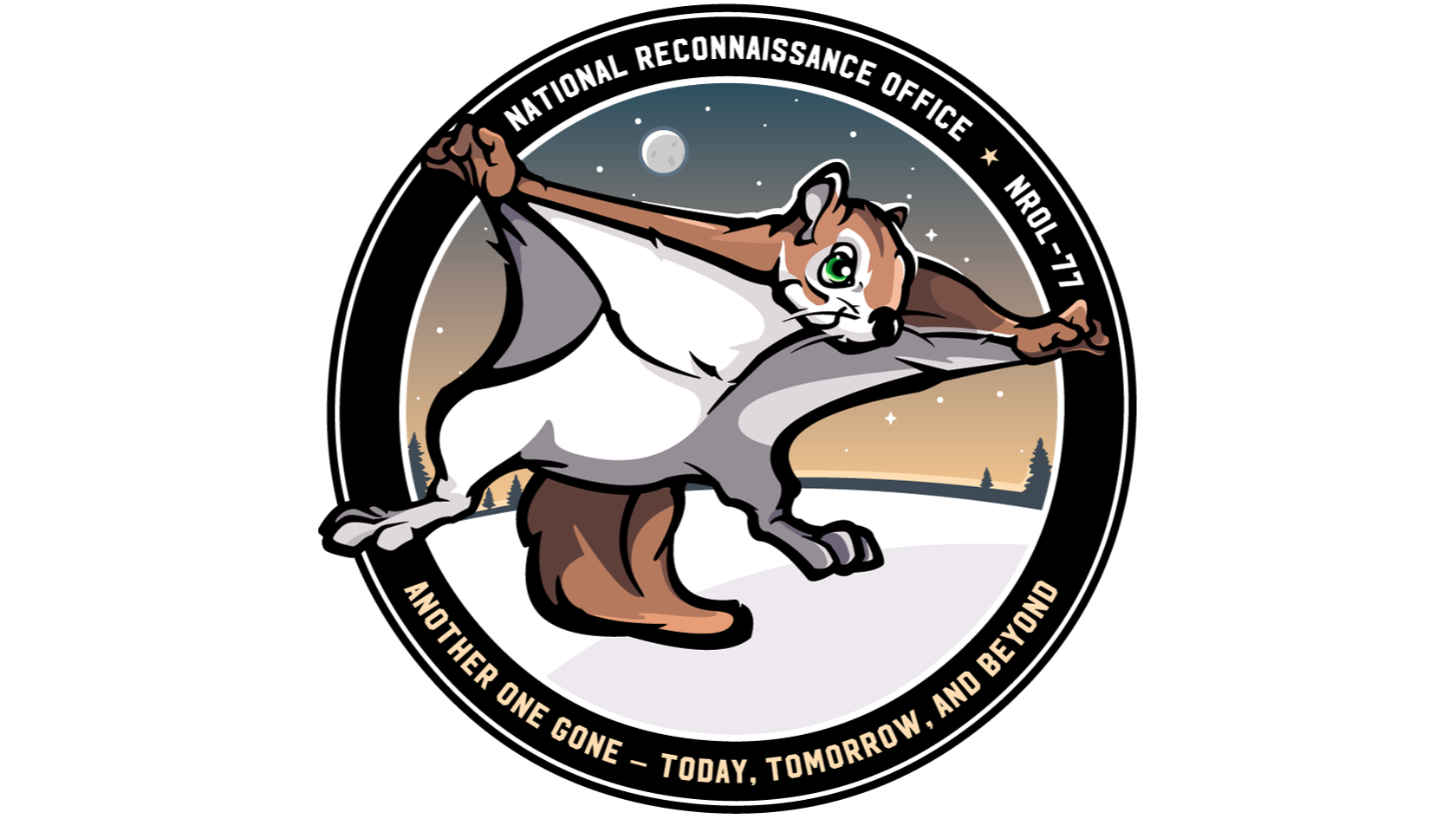 a mission patch showing an illustration of a flying squirrel in mid-glide