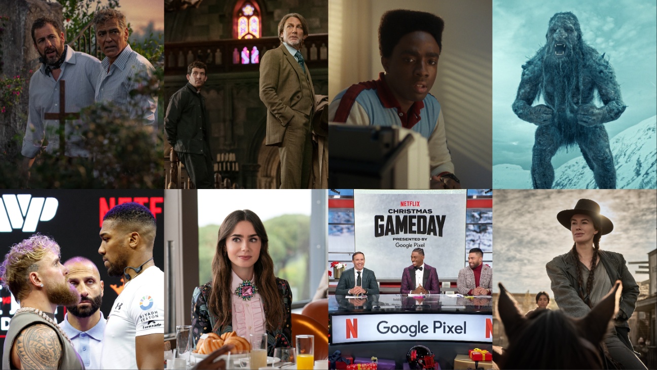 Clockwise from top left: 'Jay Kelly,' 'Wake Up Deadman,' 'Stranger Things,' 'Troll 2,' 'The Abandons,' 'NFL Christmas Game Day,' 'Emily in Paris' and 'Jake v. Joshua.'
