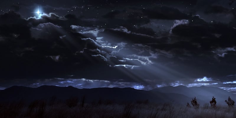 The wise men traveling at night on camels see follow a star to visit Jesus in this scene from the "Bible Videos."
