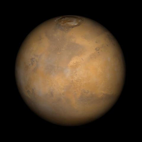 Color-enhanced photo of Mars shows the planet with patches of orange and brown. 