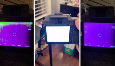 Three side-by-side photos show a digital camera's screen displaying a bright purple image with waveform and histogram data, set up indoors near a window with blinds and a desk in the background.
