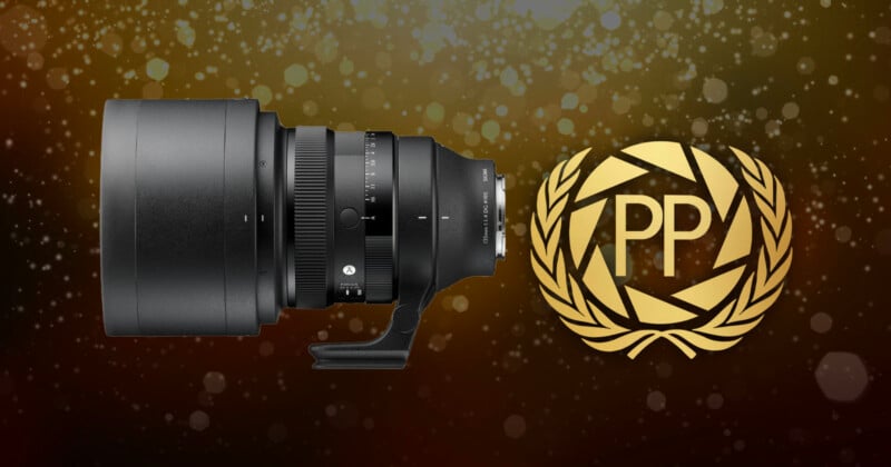 A large camera lens is shown on the left with a gold emblem featuring the letters "PP" inside a laurel wreath on the right, set against a sparkling brown and gold background.
