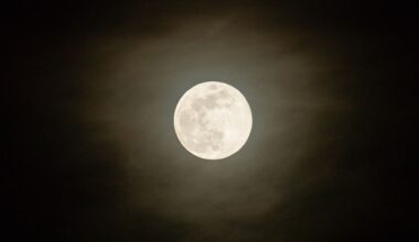 A full moon is pictured illuminating a haze of cloud against a black night sky.