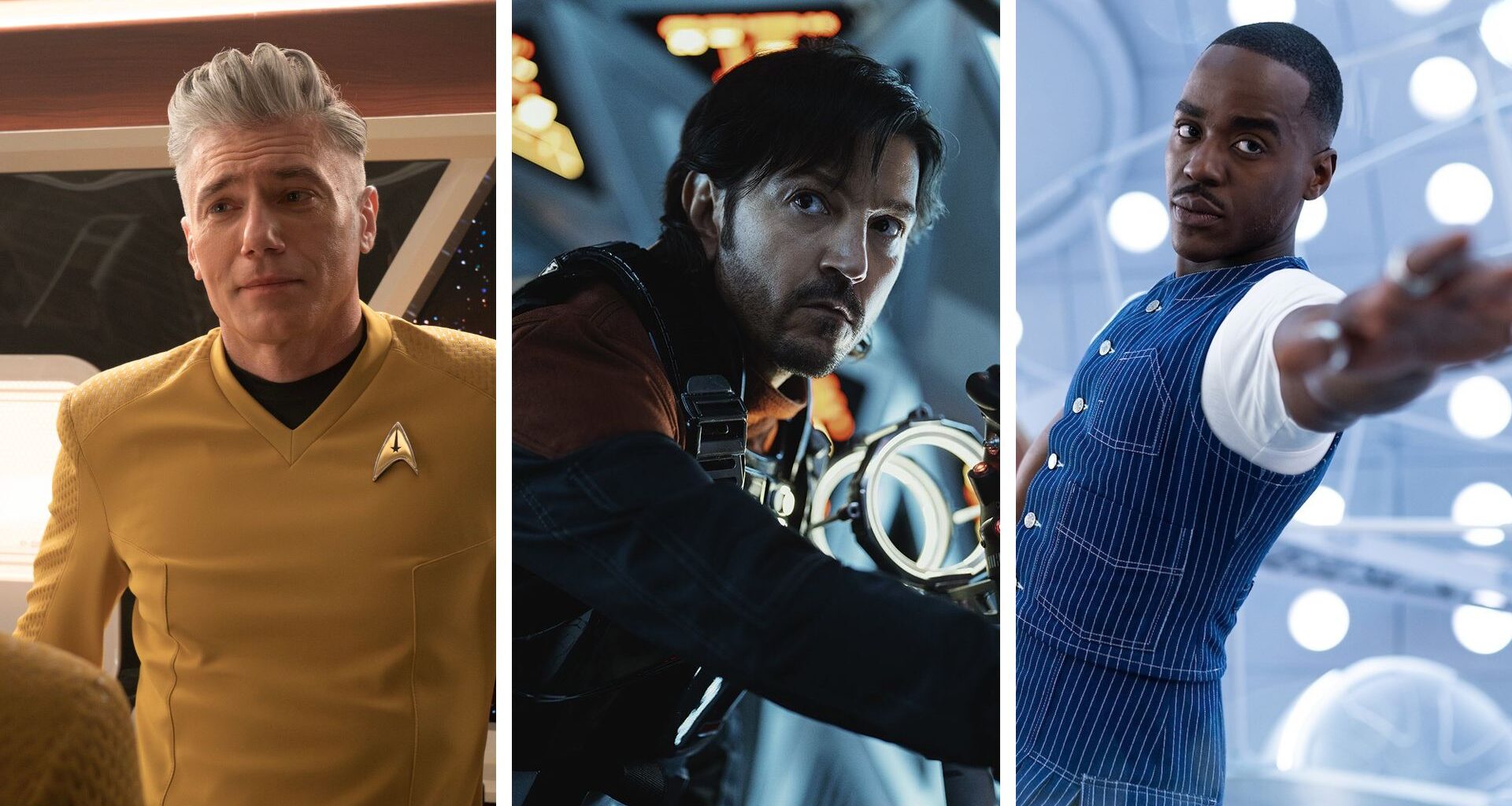 Split image showing three sci-fi shows from 2025: Star Trek: Strange New Worlds season 3, Andor Season 2, and Doctor Who season 2.