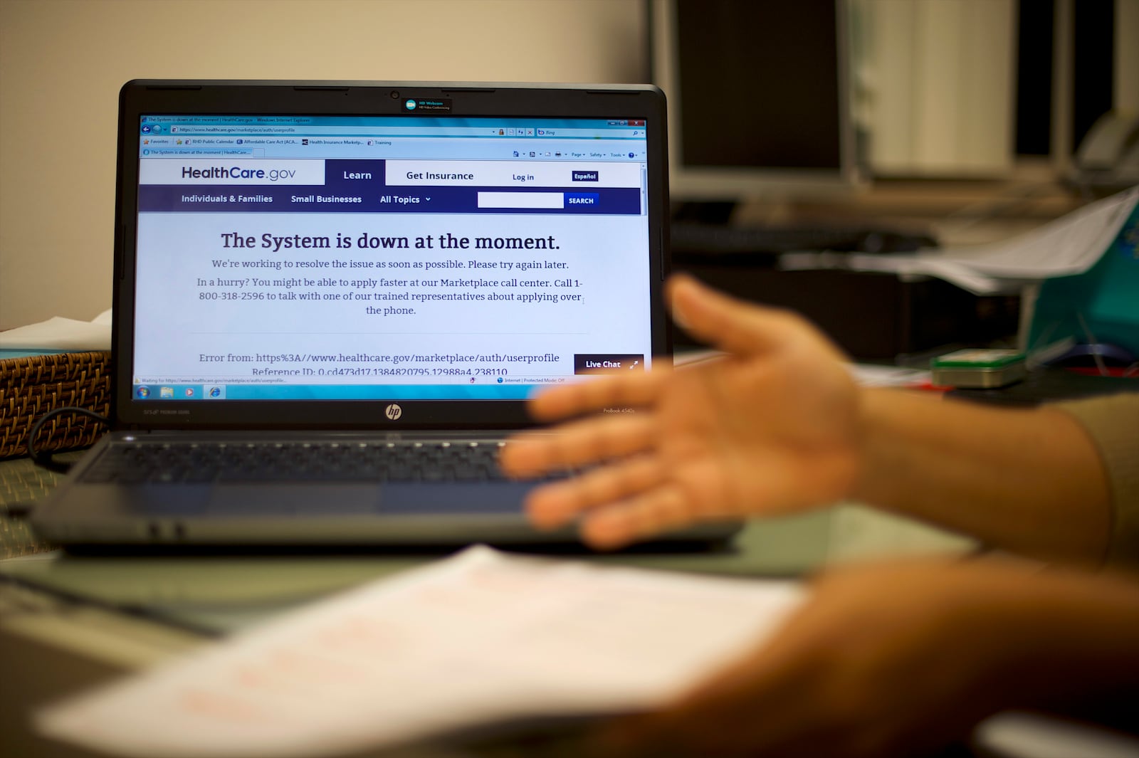 
                        FILE — A prospective Affordable Care Act enrollee gets advice on a stalled application, at a hospital in Doylestown, Pa., Nov. 18, 2013. The strict Medicaid work requirement at the center of the Republicans’ major policy bill wouldn’t just require millions of poor Americans to prove they are employed to sign up for health insurance. It would also require dozens of states to quickly build expensive and complex software systems to measure and track who is eligible. (Mark Makela/The New York Times)
                      