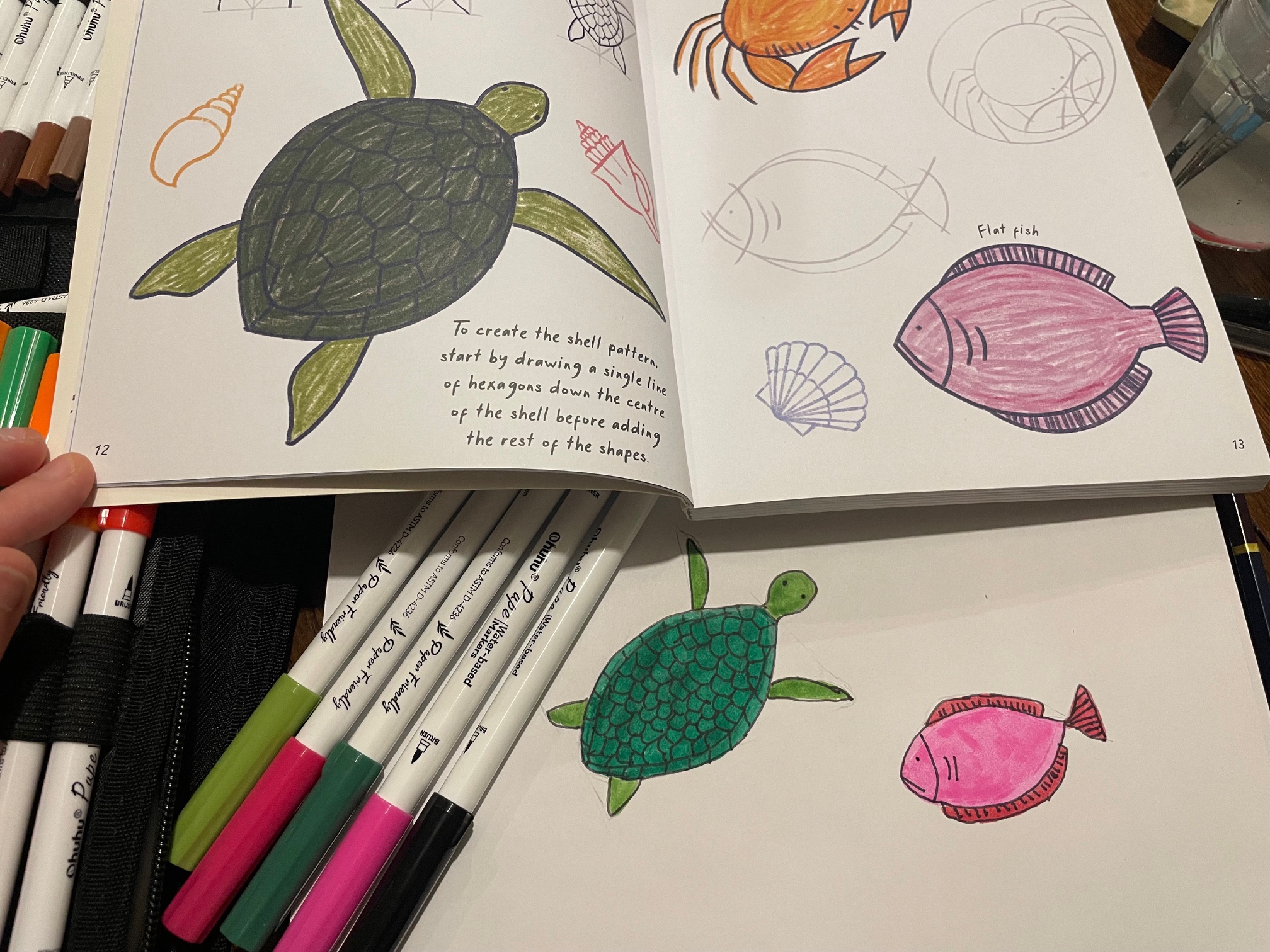 drawing of a turtle and a fish in felt tip pen next to a book with instructions on how to draw