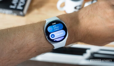 Samsung Galaxy Watch 8 on wrist showing widgets