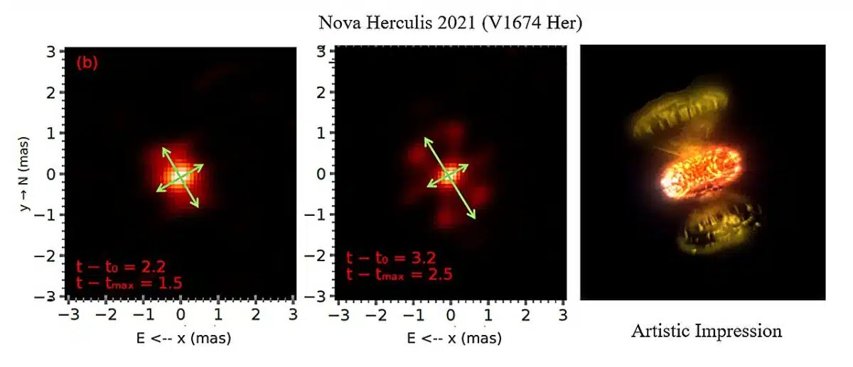 Scientists At The Chara Array Captured Images Of Nova V1674 Herculis, Showing Two Perpendicular Gas Flows Formed 2.2 And 3.2 Days After The Explosion.