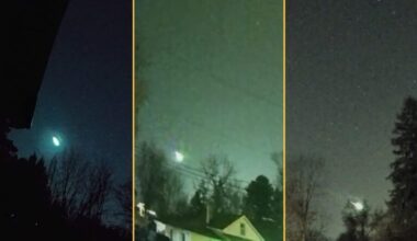 Three images from eyewitnesses showing the bright green meteor fragment in the sky