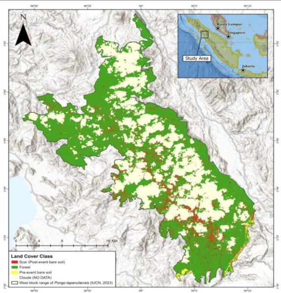 Map showing the scars created by the flooding and landslides in the Batang Toru ecosystem