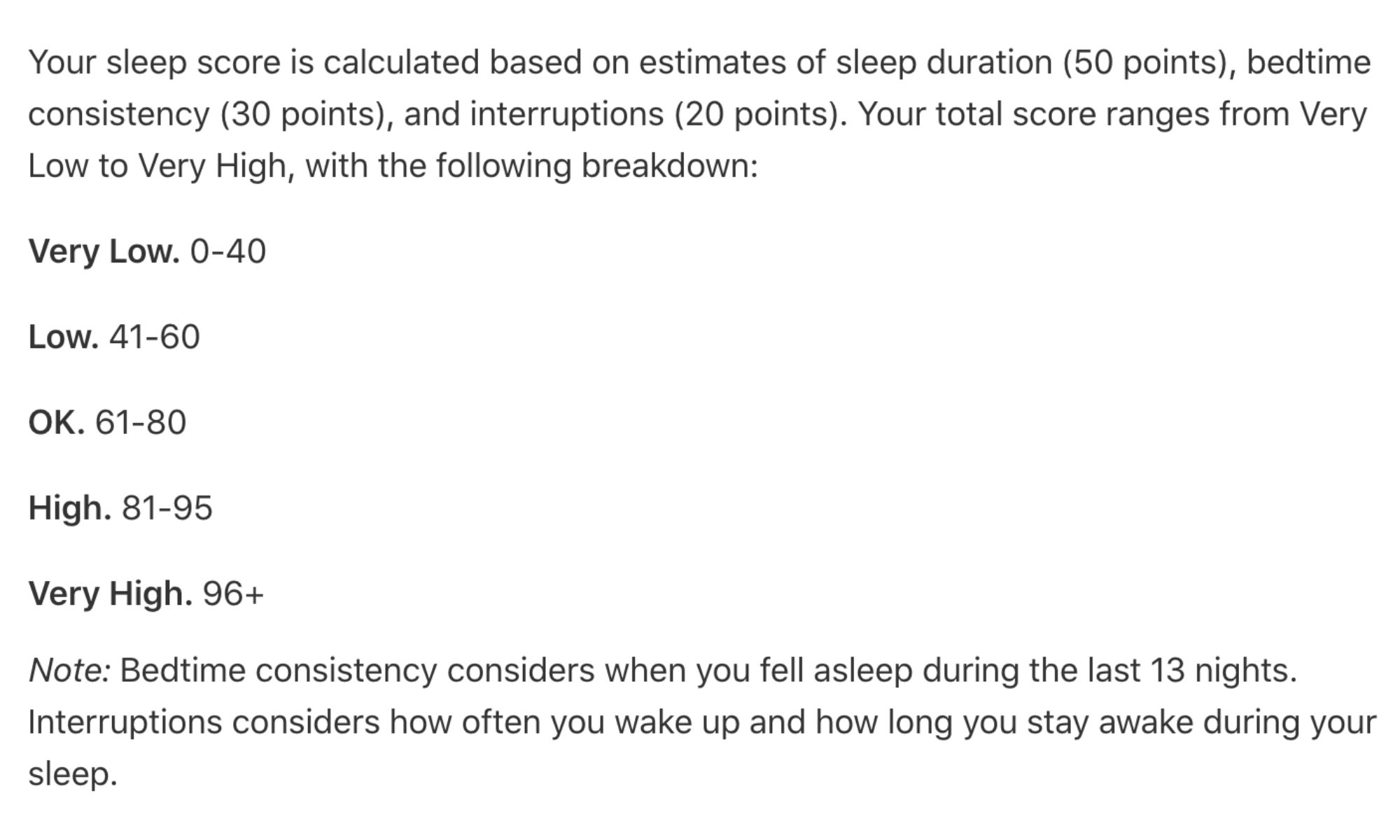Screenshot of Apple Watch's new sleep score metrics.