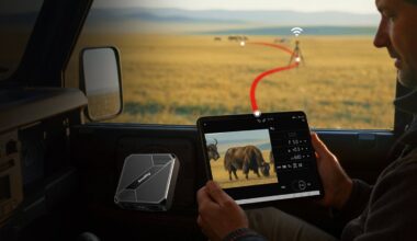 A person in a car uses a tablet showing a photo of bison in a field. The tablet connects wirelessly to a camera outside, with a device nearby enabling the connection. Distant animals and open grasslands are visible.